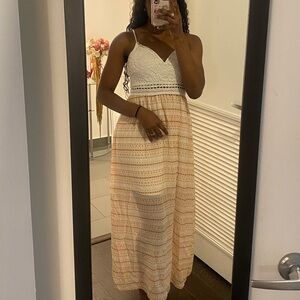 Elegant Cream and Tan Lace Maxi Dress